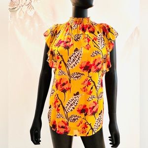 A.L.C Hayley Silk Top In Yellow Floral‎ Multicolor With Smocked Collar